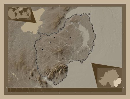 Photo for Down, region of Northern Ireland. Elevation map colored in sepia tones with lakes and rivers. Locations of major cities of the region. Corner auxiliary location maps - Royalty Free Image
