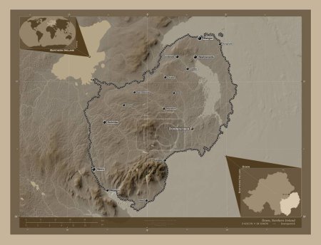 Photo for Down, region of Northern Ireland. Elevation map colored in sepia tones with lakes and rivers. Locations and names of major cities of the region. Corner auxiliary location maps - Royalty Free Image