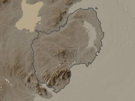 Photo for Down, region of Northern Ireland. Elevation map colored in sepia tones with lakes and rivers - Royalty Free Image
