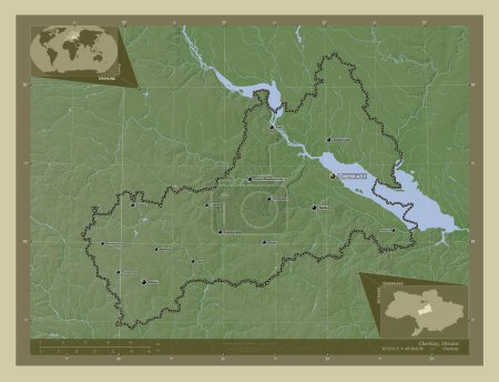 Foto de Cherkasy, región de Ucrania. Mapa de elevación coloreado en estilo wiki con lagos y ríos. Ubicaciones y nombres de las principales ciudades de la región. Mapas de ubicación auxiliares de esquina - Imagen libre de derechos