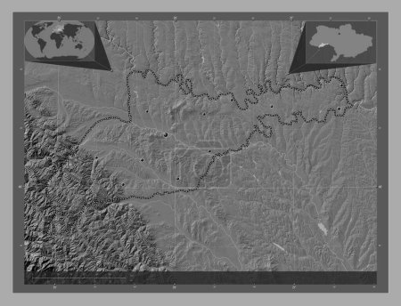 Photo for Chernivtsi, region of Ukraine. Bilevel elevation map with lakes and rivers. Locations of major cities of the region. Corner auxiliary location maps - Royalty Free Image