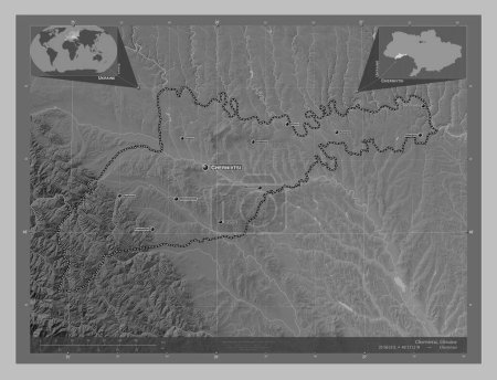 Photo for Chernivtsi, region of Ukraine. Grayscale elevation map with lakes and rivers. Locations and names of major cities of the region. Corner auxiliary location maps - Royalty Free Image