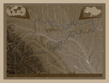 Photo for Chernivtsi, region of Ukraine. Elevation map colored in sepia tones with lakes and rivers. Locations of major cities of the region. Corner auxiliary location maps - Royalty Free Image