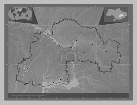 Photo for Dnipropetrovs'k, region of Ukraine. Grayscale elevation map with lakes and rivers. Locations of major cities of the region. Corner auxiliary location maps - Royalty Free Image