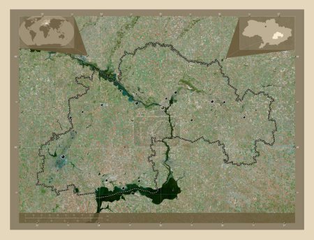 Téléchargez les photos : Dnipropetrov'k, région de l'Ukraine. Carte satellite haute résolution. Emplacements des grandes villes de la région. Corner cartes de localisation auxiliaires - en image libre de droit