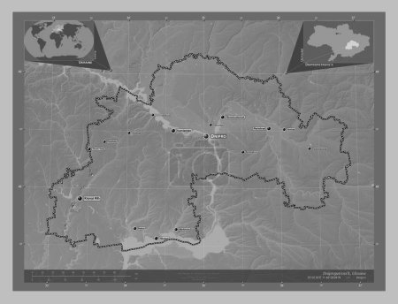 Photo for Dnipropetrovs'k, region of Ukraine. Grayscale elevation map with lakes and rivers. Locations and names of major cities of the region. Corner auxiliary location maps - Royalty Free Image