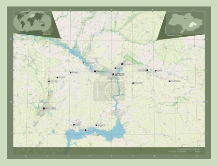 Photo for Dnipropetrovs'k, region of Ukraine. Open Street Map. Locations and names of major cities of the region. Corner auxiliary location maps - Royalty Free Image