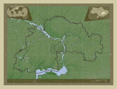 Téléchargez les photos : Dnipropetrov'k, région de l'Ukraine. Carte d'altitude colorée dans le style wiki avec des lacs et des rivières. Emplacements et noms des grandes villes de la région. Corner cartes de localisation auxiliaires - en image libre de droit
