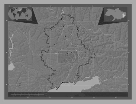 Foto de Donets 'k, región de Ucrania. Mapa de elevación de Bilevel con lagos y ríos. Ubicaciones de las principales ciudades de la región. Mapas de ubicación auxiliares de esquina - Imagen libre de derechos