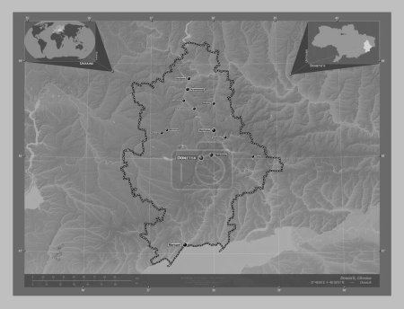 Foto de Donets 'k, región de Ucrania. Mapa de elevación a escala de grises con lagos y ríos. Ubicaciones y nombres de las principales ciudades de la región. Mapas de ubicación auxiliares de esquina - Imagen libre de derechos
