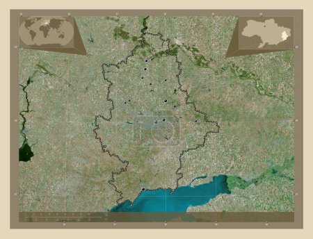 Foto de Donets 'k, región de Ucrania. Mapa satelital de alta resolución. Ubicaciones de las principales ciudades de la región. Mapas de ubicación auxiliares de esquina - Imagen libre de derechos