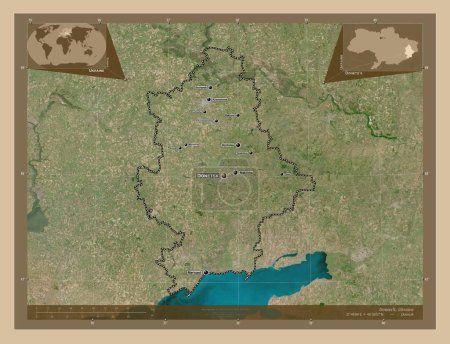 Photo for Donets'k, region of Ukraine. Low resolution satellite map. Locations and names of major cities of the region. Corner auxiliary location maps - Royalty Free Image