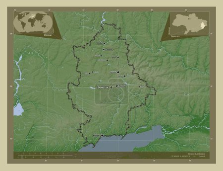 Foto de Donets 'k, región de Ucrania. Mapa de elevación coloreado en estilo wiki con lagos y ríos. Ubicaciones y nombres de las principales ciudades de la región. Mapas de ubicación auxiliares de esquina - Imagen libre de derechos
