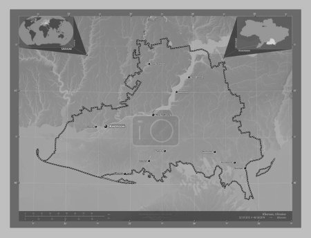 Photo for Kherson, region of Ukraine. Grayscale elevation map with lakes and rivers. Locations and names of major cities of the region. Corner auxiliary location maps - Royalty Free Image