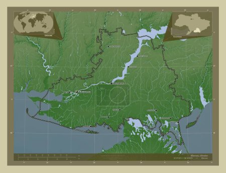 Foto de Kherson, región de Ucrania. Mapa de elevación coloreado en estilo wiki con lagos y ríos. Ubicaciones y nombres de las principales ciudades de la región. Mapas de ubicación auxiliares de esquina - Imagen libre de derechos