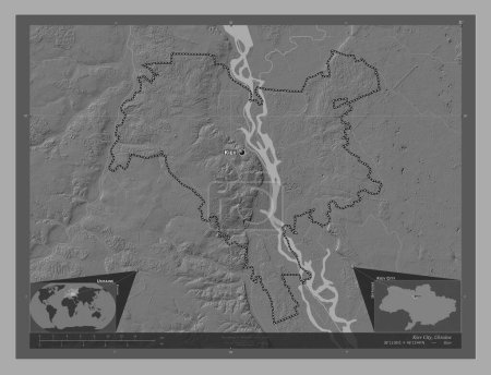 Foto de Kiev City, ciudad independiente de Ucrania. Mapa de elevación de Bilevel con lagos y ríos. Ubicaciones y nombres de las principales ciudades de la región. Mapas de ubicación auxiliares de esquina - Imagen libre de derechos
