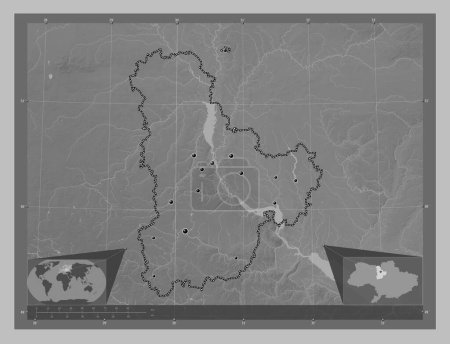 Foto de Kiev, región de Ucrania. Mapa de elevación a escala de grises con lagos y ríos. Ubicaciones de las principales ciudades de la región. Mapas de ubicación auxiliares de esquina - Imagen libre de derechos