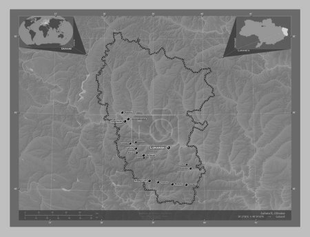 Photo for Luhans'k, region of Ukraine. Grayscale elevation map with lakes and rivers. Locations and names of major cities of the region. Corner auxiliary location maps - Royalty Free Image