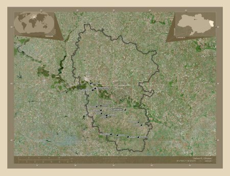Photo for Luhans'k, region of Ukraine. High resolution satellite map. Locations and names of major cities of the region. Corner auxiliary location maps - Royalty Free Image