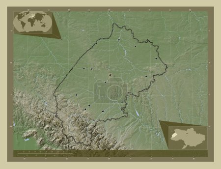 Téléchargez les photos : L'viv, région de l'Ukraine. Carte d'altitude colorée dans le style wiki avec des lacs et des rivières. Emplacements des grandes villes de la région. Corner cartes de localisation auxiliaires - en image libre de droit