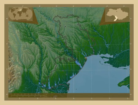 Photo for Odessa, region of Ukraine. Colored elevation map with lakes and rivers. Locations of major cities of the region. Corner auxiliary location maps - Royalty Free Image