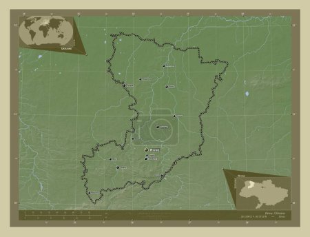 Foto de Rivne, región de Ucrania. Mapa de elevación coloreado en estilo wiki con lagos y ríos. Ubicaciones y nombres de las principales ciudades de la región. Mapas de ubicación auxiliares de esquina - Imagen libre de derechos