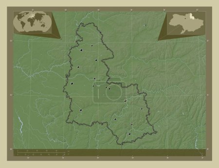 Téléchargez les photos : Sumy, région d'Ukraine. Carte d'altitude colorée dans le style wiki avec des lacs et des rivières. Emplacements des grandes villes de la région. Corner cartes de localisation auxiliaires - en image libre de droit