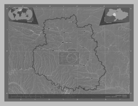 Photo for Vinnytsya, region of Ukraine. Grayscale elevation map with lakes and rivers. Locations and names of major cities of the region. Corner auxiliary location maps - Royalty Free Image