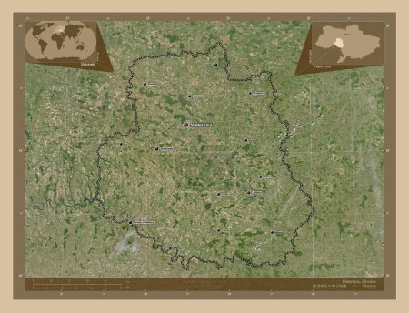 Photo for Vinnytsya, region of Ukraine. Low resolution satellite map. Locations and names of major cities of the region. Corner auxiliary location maps - Royalty Free Image