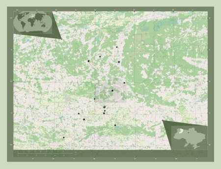 Foto de Rivne, región de Ucrania. Open Street Map. Ubicaciones de las principales ciudades de la región. Mapas de ubicación auxiliares de esquina - Imagen libre de derechos
