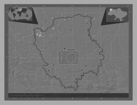 Foto de Volyn, región de Ucrania. Mapa de elevación de Bilevel con lagos y ríos. Ubicaciones de las principales ciudades de la región. Mapas de ubicación auxiliares de esquina - Imagen libre de derechos