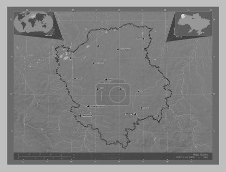 Foto de Volyn, región de Ucrania. Mapa de elevación a escala de grises con lagos y ríos. Ubicaciones y nombres de las principales ciudades de la región. Mapas de ubicación auxiliares de esquina - Imagen libre de derechos