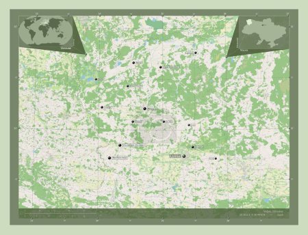 Foto de Volyn, región de Ucrania. Open Street Map. Ubicaciones y nombres de las principales ciudades de la región. Mapas de ubicación auxiliares de esquina - Imagen libre de derechos