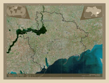 Foto de Zaporizhzhya, región de Ucrania. Mapa satelital de alta resolución. Ubicaciones y nombres de las principales ciudades de la región. Mapas de ubicación auxiliares de esquina - Imagen libre de derechos
