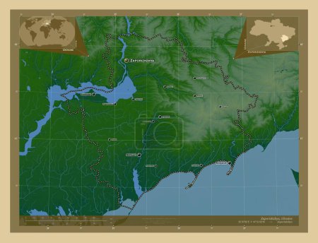 Foto de Zaporizhzhya, región de Ucrania. Mapa de elevación de colores con lagos y ríos. Ubicaciones y nombres de las principales ciudades de la región. Mapas de ubicación auxiliares de esquina - Imagen libre de derechos