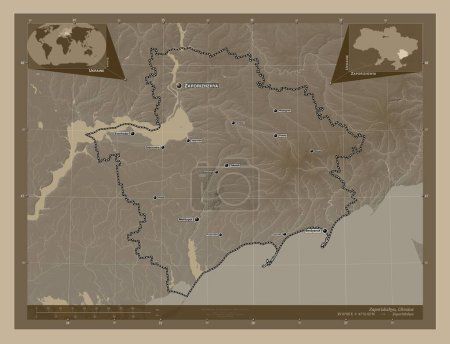 Photo for Zaporizhzhya, region of Ukraine. Elevation map colored in sepia tones with lakes and rivers. Locations and names of major cities of the region. Corner auxiliary location maps - Royalty Free Image