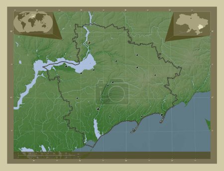 Foto de Zaporizhzhya, región de Ucrania. Mapa de elevación coloreado en estilo wiki con lagos y ríos. Ubicaciones de las principales ciudades de la región. Mapas de ubicación auxiliares de esquina - Imagen libre de derechos