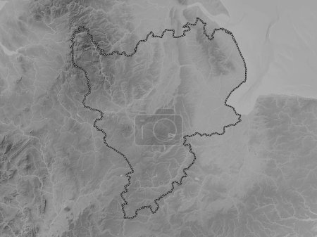Photo for East Midlands, region of United Kingdom. Grayscale elevation map with lakes and rivers - Royalty Free Image