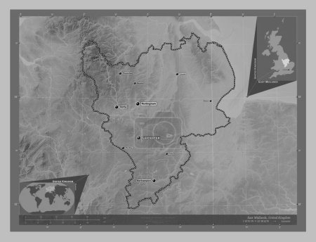 Photo for East Midlands, region of United Kingdom. Grayscale elevation map with lakes and rivers. Locations and names of major cities of the region. Corner auxiliary location maps - Royalty Free Image