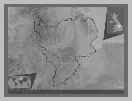 Photo for East Midlands, region of United Kingdom. Grayscale elevation map with lakes and rivers. Corner auxiliary location maps - Royalty Free Image