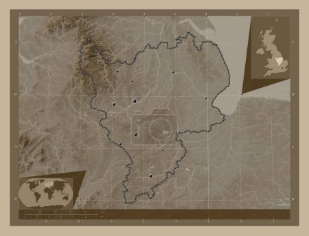 Photo for East Midlands, region of United Kingdom. Elevation map colored in sepia tones with lakes and rivers. Locations of major cities of the region. Corner auxiliary location maps - Royalty Free Image