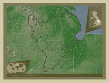 Foto de East Midlands, región del Reino Unido. Mapa de elevación coloreado en estilo wiki con lagos y ríos. Ubicaciones de las principales ciudades de la región. Mapas de ubicación auxiliares de esquina - Imagen libre de derechos