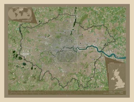 Foto de Londres, región del Reino Unido. Mapa satelital de alta resolución. Ubicaciones y nombres de las principales ciudades de la región. Mapas de ubicación auxiliares de esquina - Imagen libre de derechos