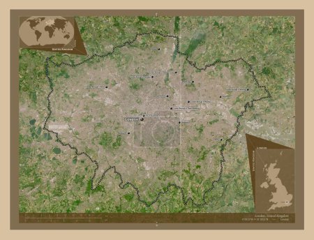Foto de Londres, región del Reino Unido. Mapa satelital de baja resolución. Ubicaciones y nombres de las principales ciudades de la región. Mapas de ubicación auxiliares de esquina - Imagen libre de derechos