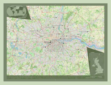 Foto de Londres, región del Reino Unido. Open Street Map. Ubicaciones y nombres de las principales ciudades de la región. Mapas de ubicación auxiliares de esquina - Imagen libre de derechos