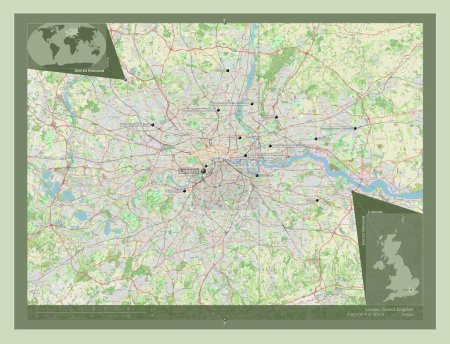 London, region of United Kingdom. Open Street Map. Locations and names of major cities of the region. Corner auxiliary location maps