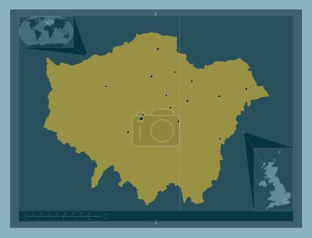 Foto de Londres, región del Reino Unido. Forma de color sólido. Ubicaciones de las principales ciudades de la región. Mapas de ubicación auxiliares de esquina - Imagen libre de derechos