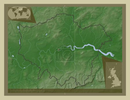 Foto de Londres, región del Reino Unido. Mapa de elevación coloreado en estilo wiki con lagos y ríos. Mapas de ubicación auxiliares de esquina - Imagen libre de derechos