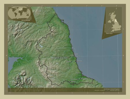 Foto de Noreste, región del Reino Unido. Mapa de elevación coloreado en estilo wiki con lagos y ríos. Ubicaciones y nombres de las principales ciudades de la región. Mapas de ubicación auxiliares de esquina - Imagen libre de derechos