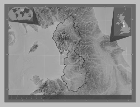 Photo for North West, region of United Kingdom. Grayscale elevation map with lakes and rivers. Corner auxiliary location maps - Royalty Free Image